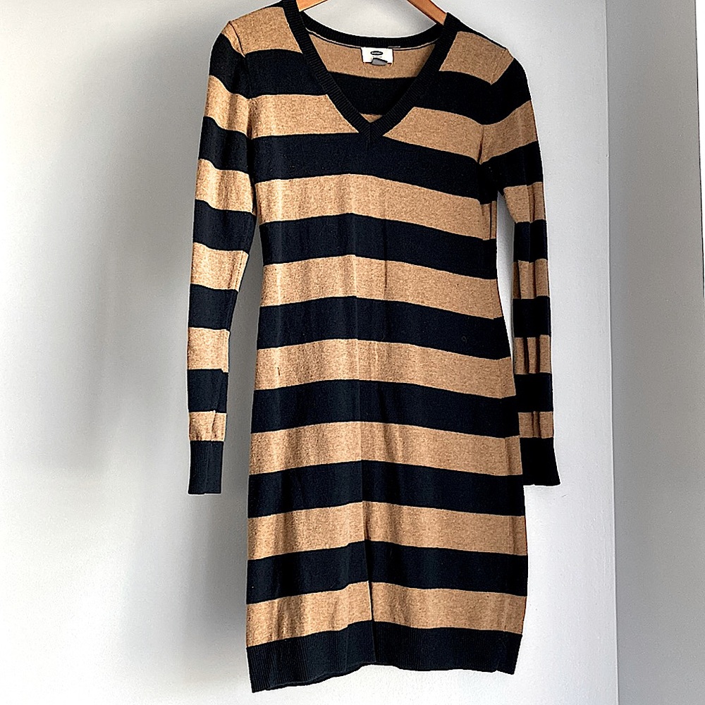 Navy and Tan Striped Sweater Dress